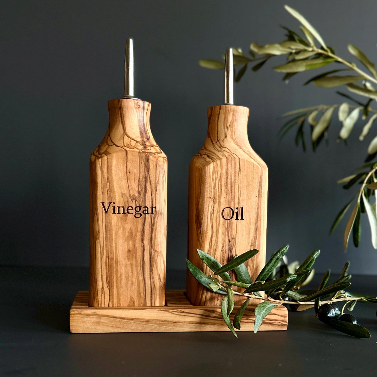 Handcrafted Olive Wood Oil and Vinegar Dispenser Set - 200, 250, 500 ml -  Christmas Gift