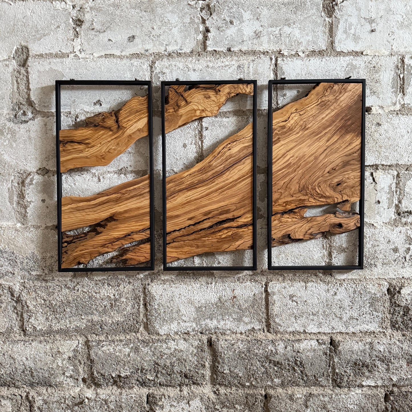 Unique Olive Wood Wall Decor Set - 3 Piece Wall Art With Metal Frame - Live Edge Wooden Wall Decor - 3-Piece Set (Each (11.8" x 23.6" )