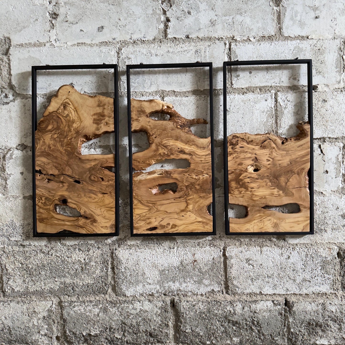 Unique Olive Wood Wall Decor Set - 3 Piece Wall Art With Metal Frame - Live Edge Wooden Wall Decor - 3-Piece Set (Each (11.8" x 23.6" )