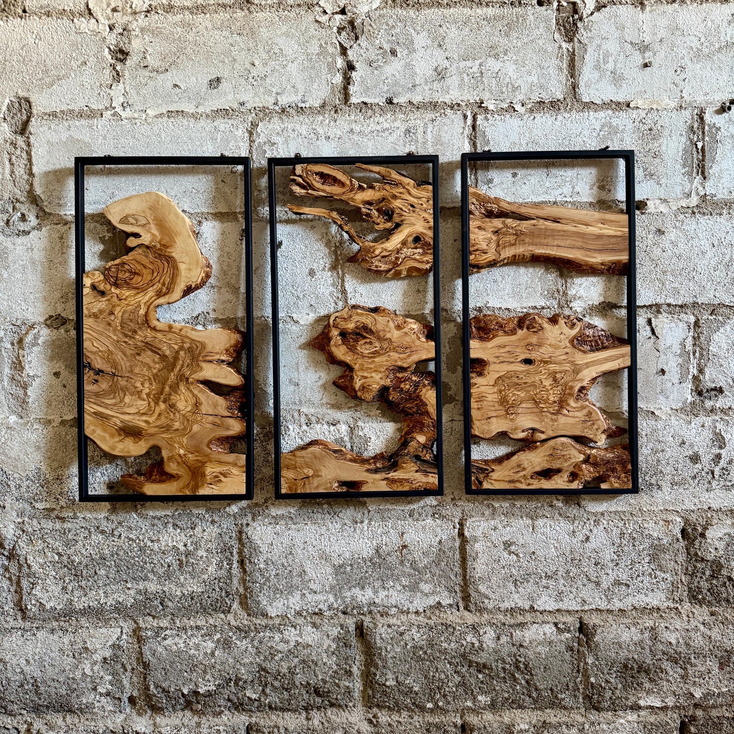 Unique Olive Wood Wall Decor Set - 3 Piece Wall Art With Metal Frame - Live Edge Wooden Wall Decor - 3-Piece Set (Each (11.8" x 23.6" )