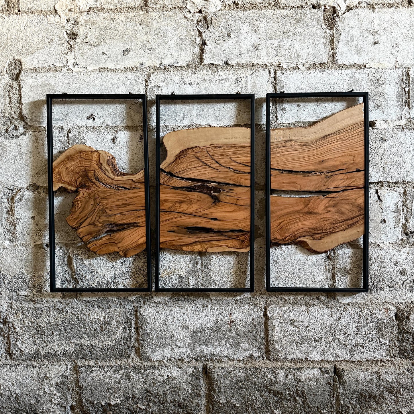 Unique Olive Wood Wall Decor Set - 3 Piece Wall Art With Metal Frame - Live Edge Wooden Wall Decor - 3-Piece Set (Each (11.8" x 23.6" )