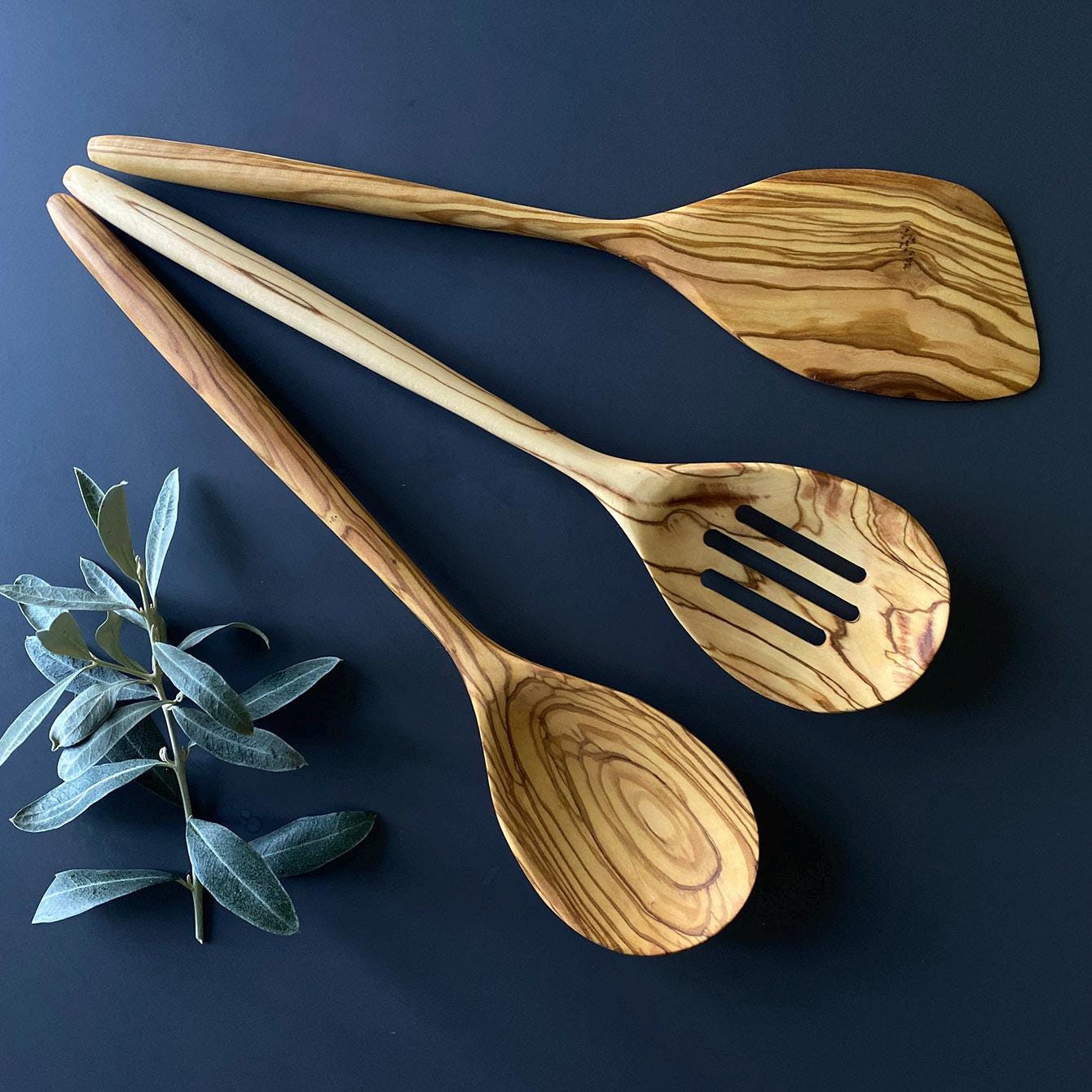 Olive Wood Organic Cutlery, Olive Wood Serving Spoon Set