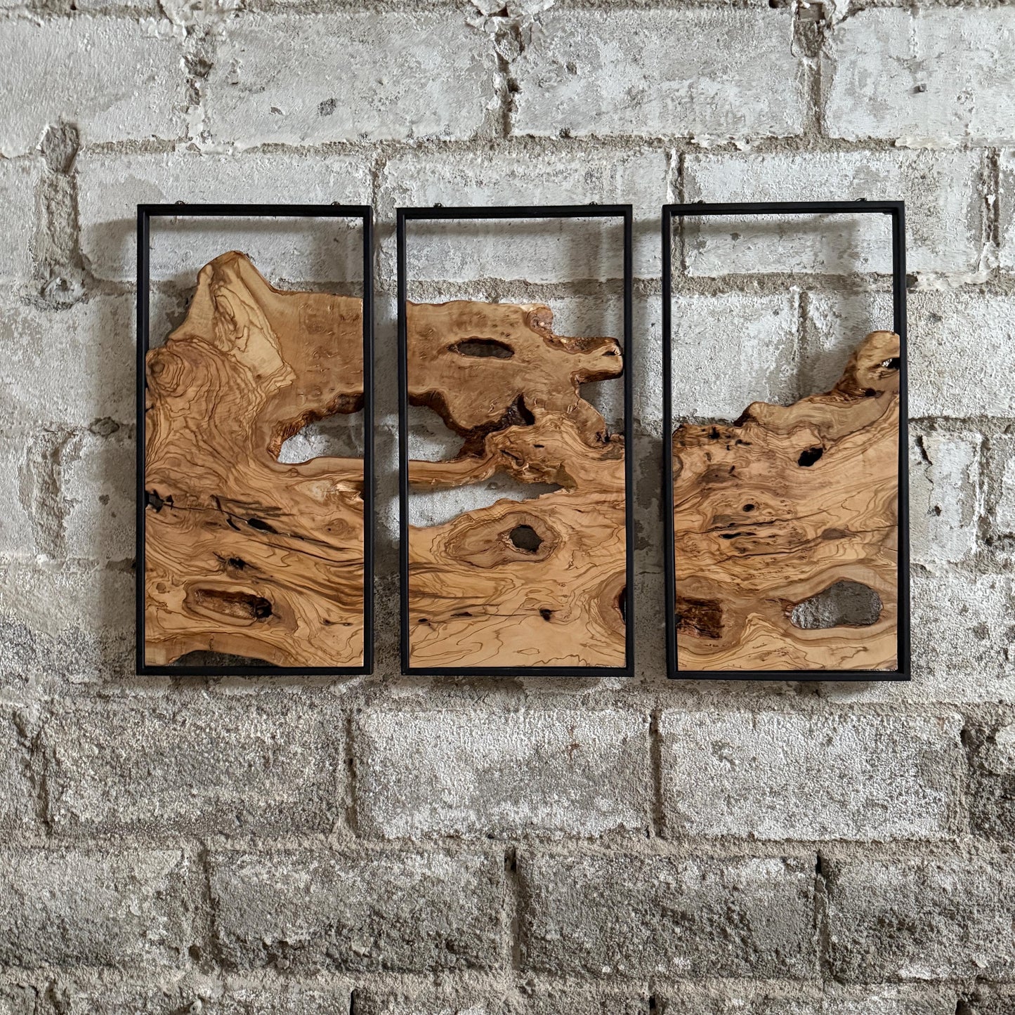 Unique Olive Wood Wall Decor Set - 3 Piece Wall Art With Metal Frame - Live Edge Wooden Wall Decor - 3-Piece Set (Each (11.8" x 23.6" )