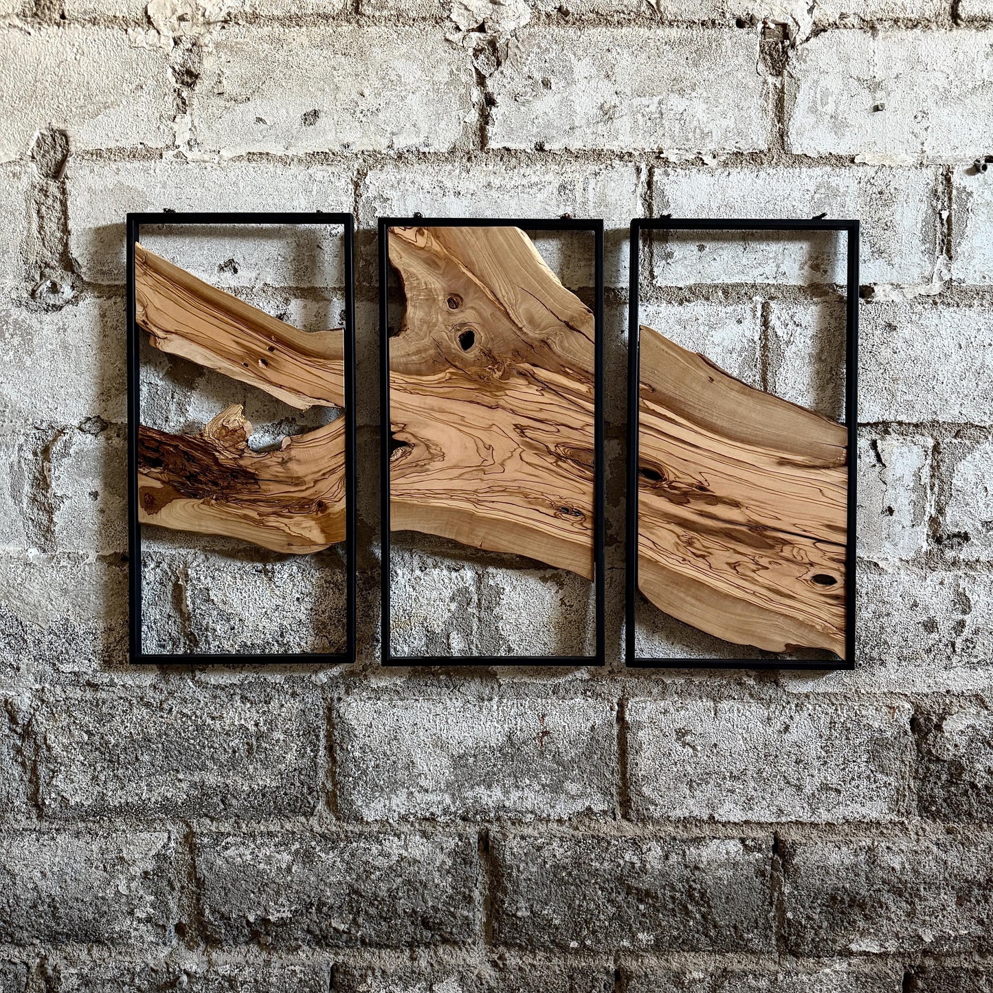 Unique Olive Wood Wall Decor Set - 3 Piece Wall Art With Metal Frame - Live Edge Wooden Wall Decor - 3-Piece Set (Each (11.8" x 23.6" )