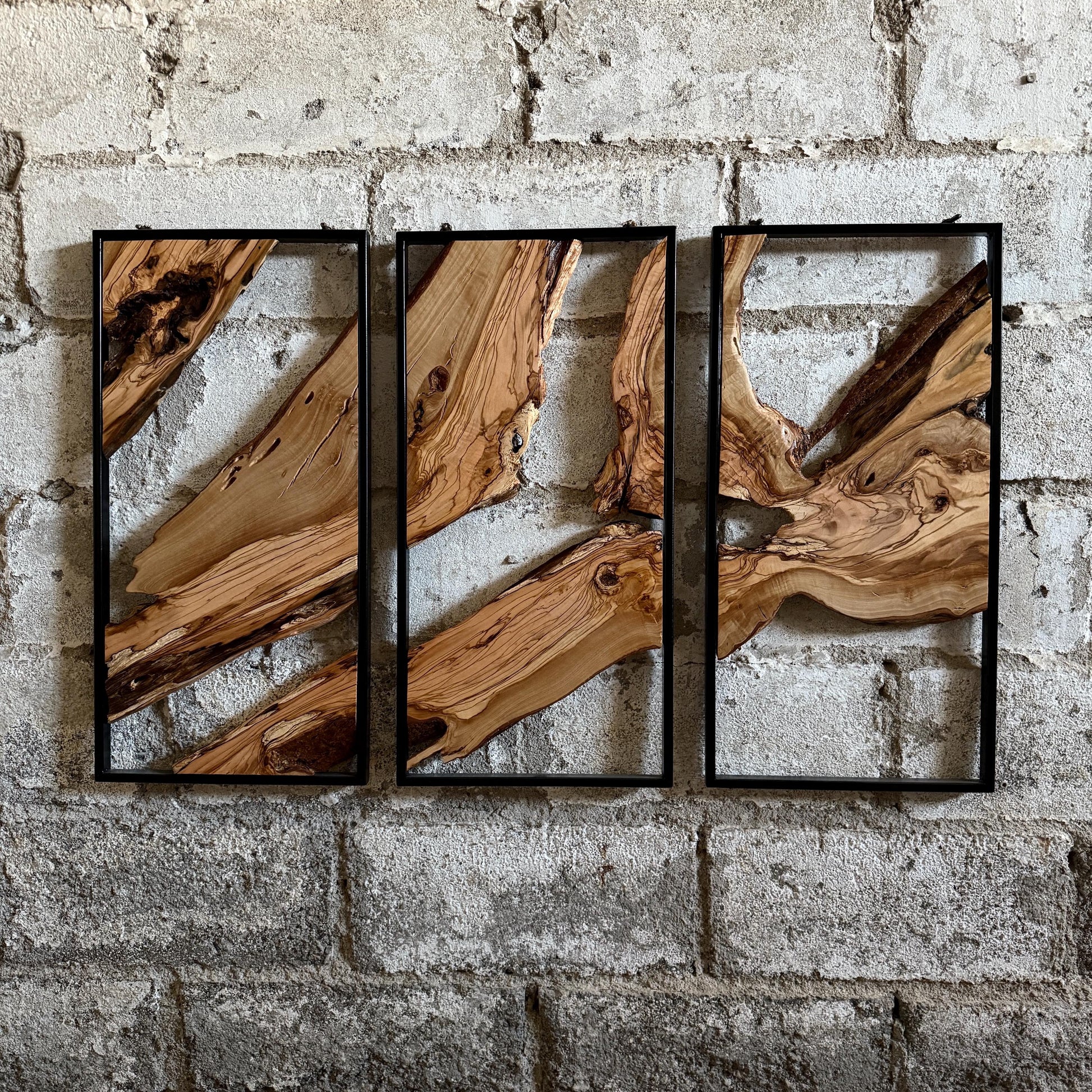 Unique Olive Wood Wall Decor Set - 3 Piece Wall Art With Metal Frame - Live Edge Wooden Wall Decor - 3-Piece Set (Each (11.8" x 23.6" )