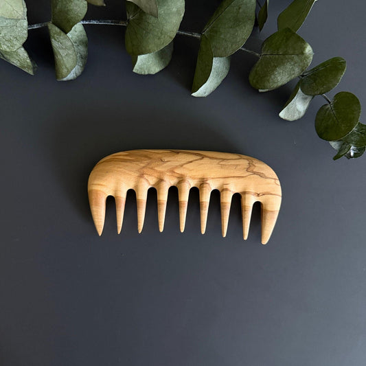 Personalizable Olive Wood Wide-Tooth Handleless Comb – Handmade, Natural Wood Hair Comb