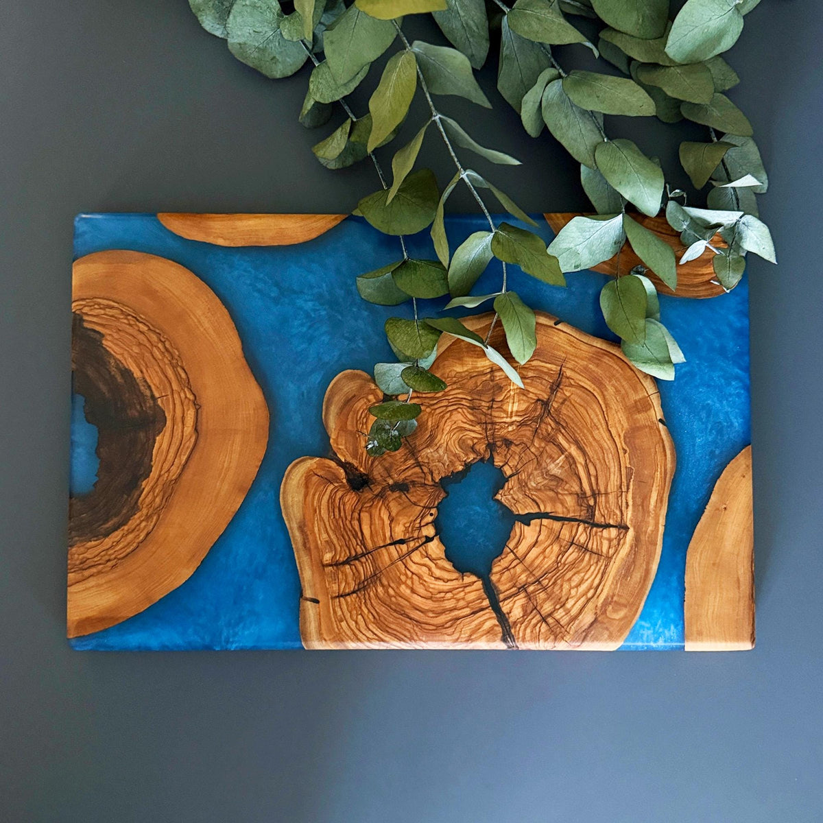 Handmade Olive Wood & Blue Resin Charcuterie Board