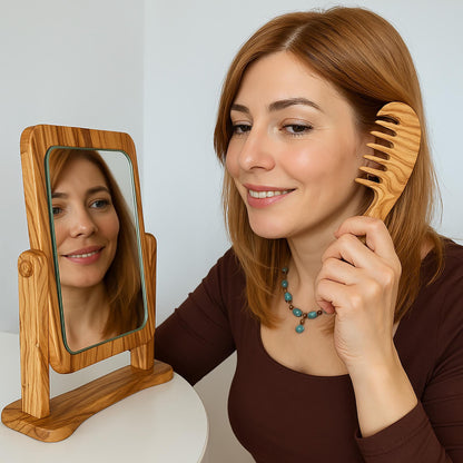Handcrafted Olive Wood Table Mirror | Rustic Vanity Mirror | Personalized Gift