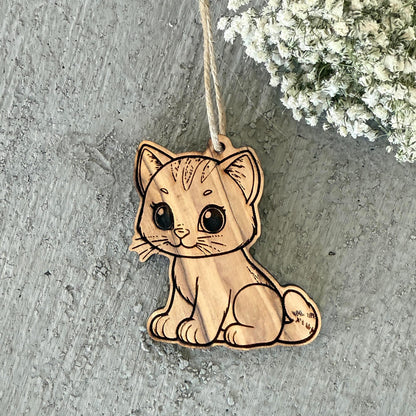 Cat-Shaped Olive Wood Ornament – Single or Set of 3 - Baby Shower Gift