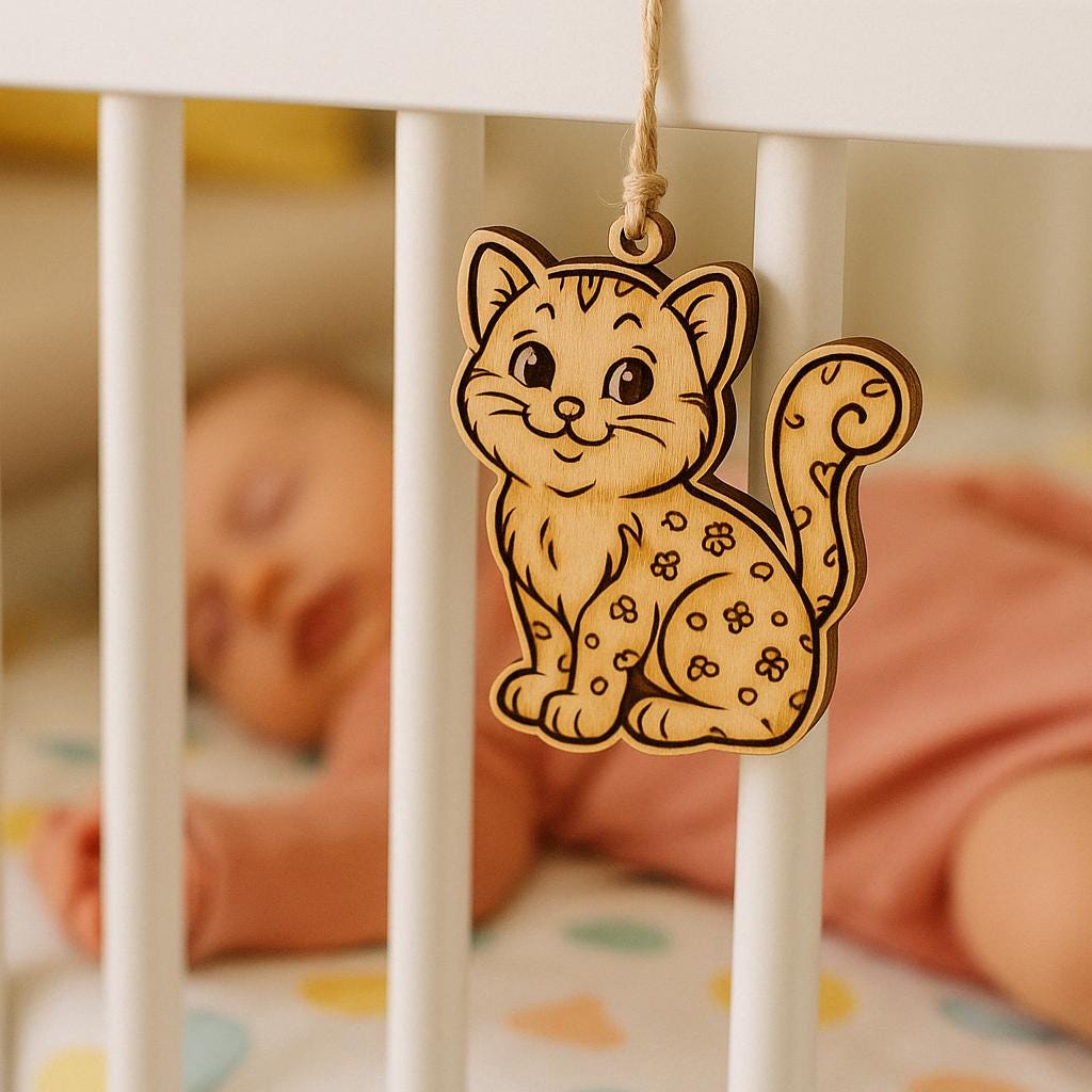 Cat-Shaped Olive Wood Ornament – Single or Set of 3 - Baby Shower Gift