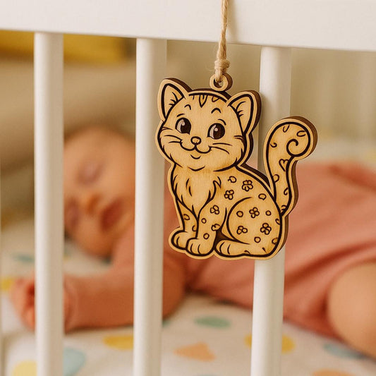 Cat-Shaped Olive Wood Ornament – Single or Set of 3 - Baby Shower Gift