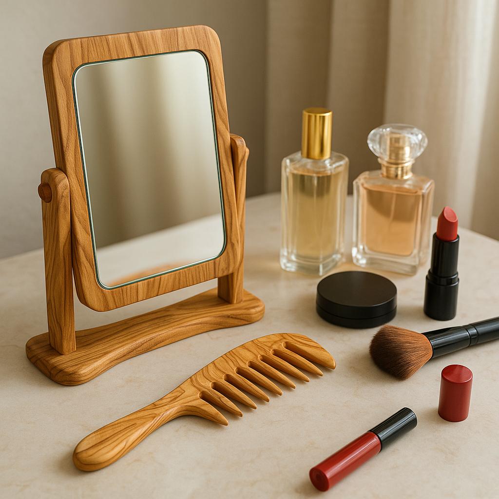 Handcrafted Olive Wood Table Mirror | Rustic Vanity Mirror | Personalized Gift