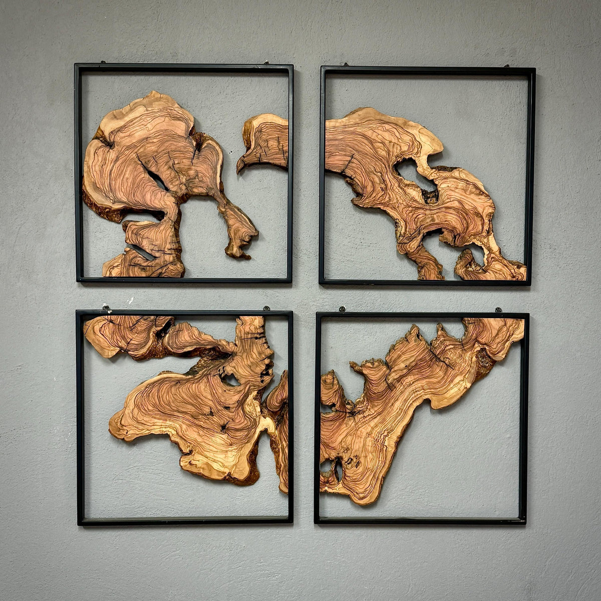 Handcrafted Olive Wood Wall Decor Set – Live Edge Wood, Black Metal Frames