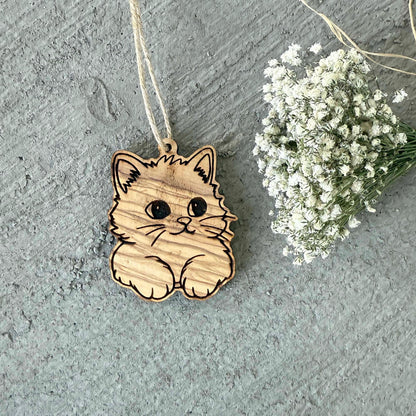 Cat-Shaped Olive Wood Ornament – Single or Set of 3 - Baby Shower Gift