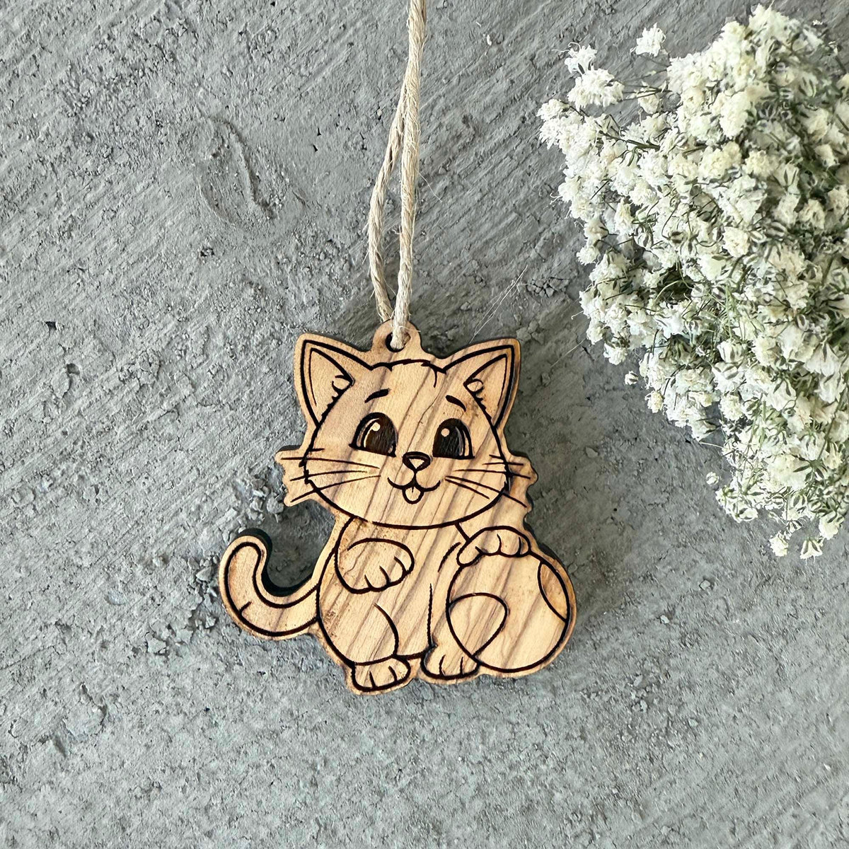 Cat-Shaped Olive Wood Ornament – Single or Set of 3 - Baby Shower Gift