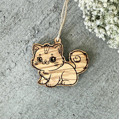 Cat-Shaped Olive Wood Ornament – Single or Set of 3 - Baby Shower Gift