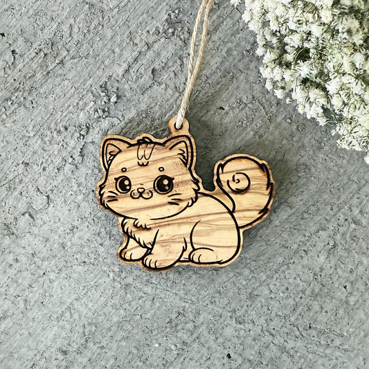 Cat-Shaped Olive Wood Ornament – Single or Set of 3 - Baby Shower Gift