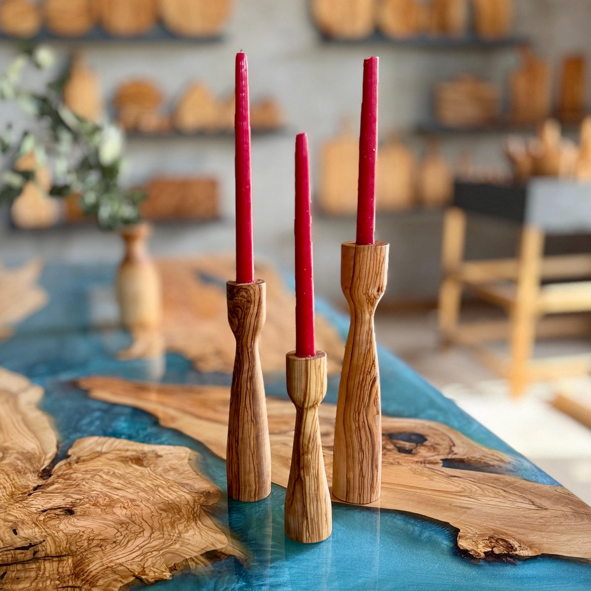 Handmade Olive Wood Candlestick Set | Wooden Holiday Decor