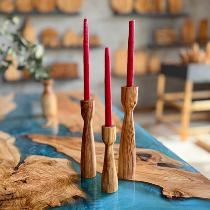 Handmade Olive Wood Candlestick Set | Wooden Holiday Decor