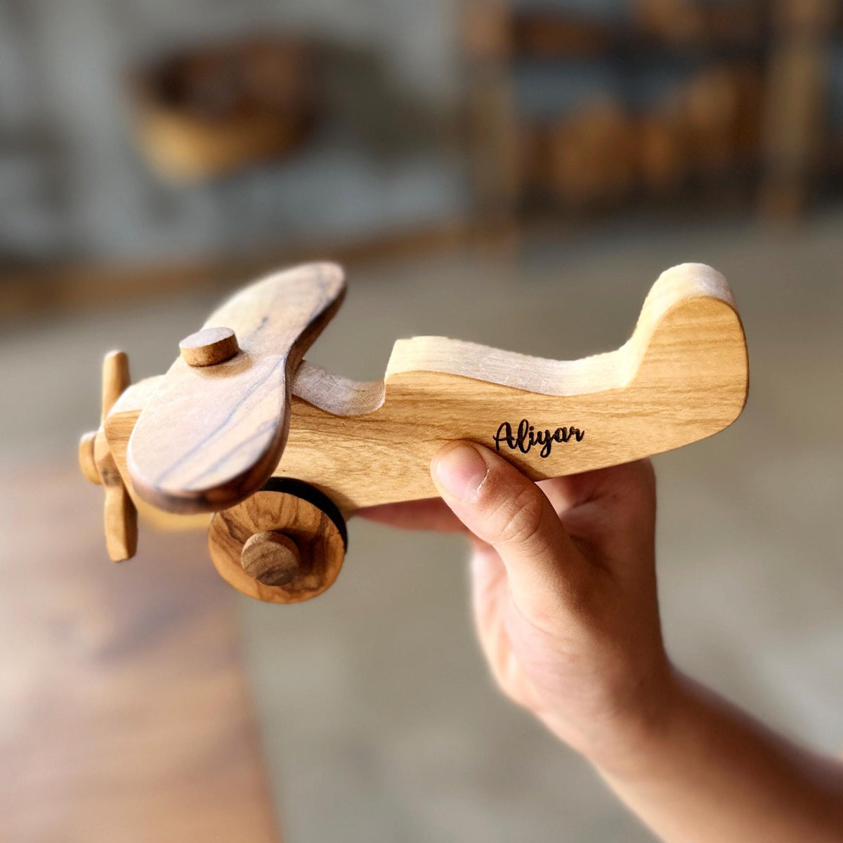 Personalized Olive Wood Toy Airplane, Natural Safe Wooden Toy