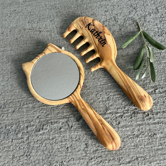 Ensemble peigne et miroir en bois d'olivier personnalisé pour filles – Motif chat fait main