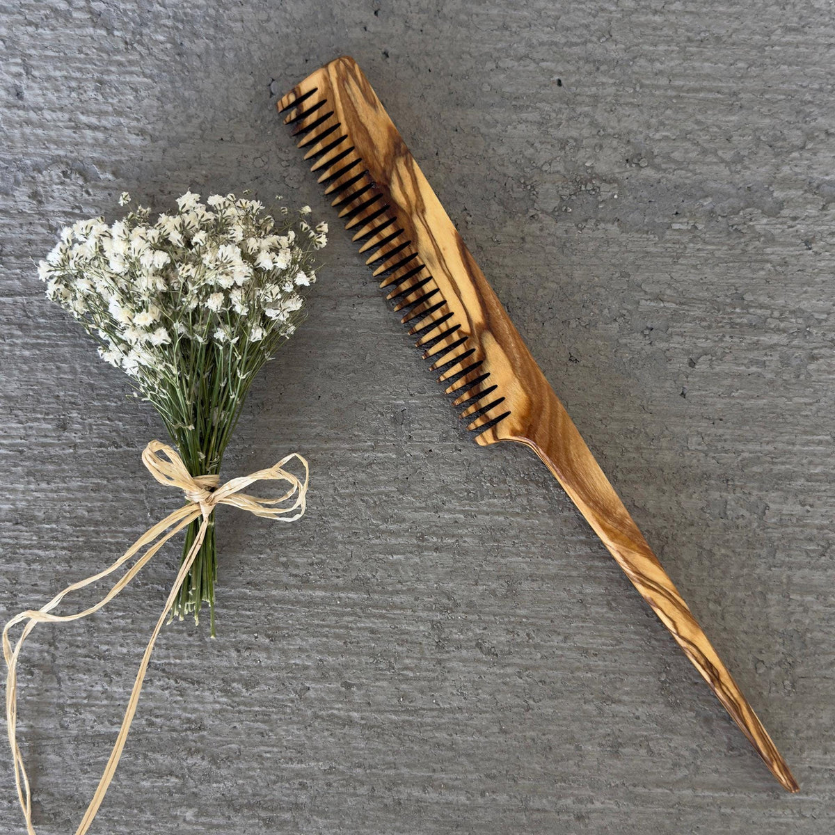 Handmade Olive Wood Rat Tail Comb, Fine Tooth Comb