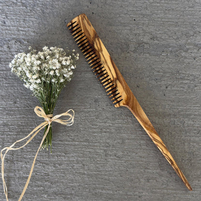 Handmade Olive Wood Rat Tail Comb, Fine Tooth Comb