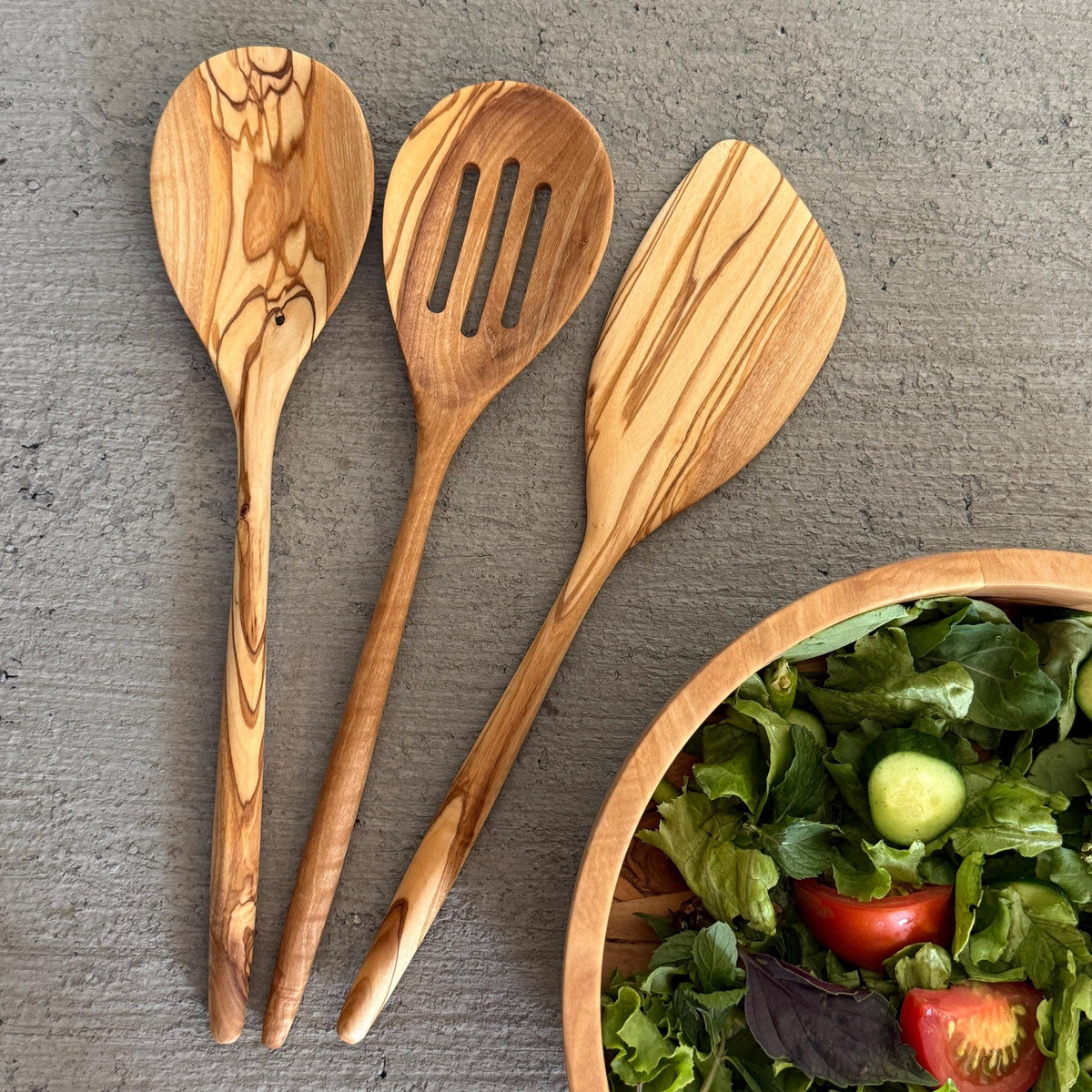 Olive Wood Organic Cutlery / Salad Serving Spoon Set