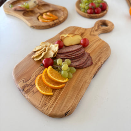 Live Edge Olive Wood Serving Board with Handle | Natural Wooden Charcuterie Board
