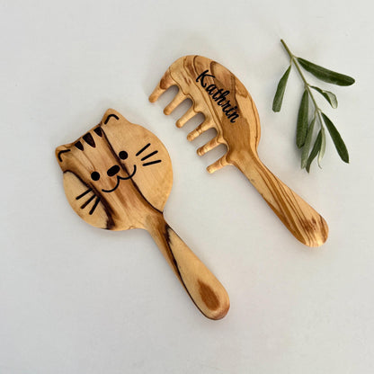 Personalized Olive Wood Comb and Mirror Set for Girls – Handmade Cat Design