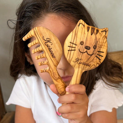 Personalized Olive Wood Comb and Mirror Set for Girls – Handmade Cat Design