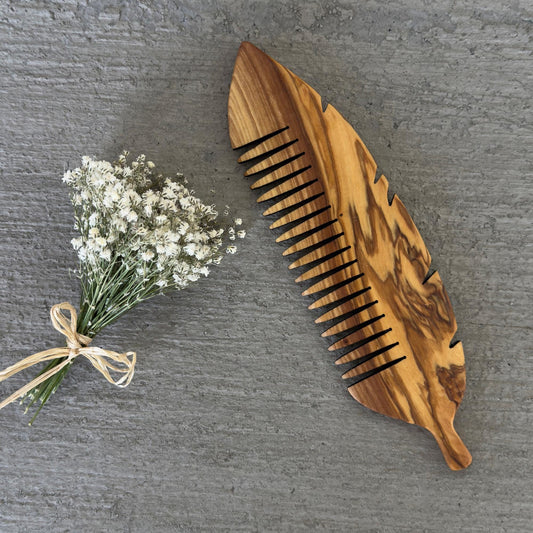 Personalized Olive Wood Hair Comb, Handmade Leaf Design