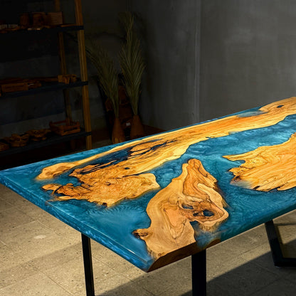 Handcrafted Olive Wood &  Epoxy Dining Table – Custom Made, 200x100 cm Statement Piece