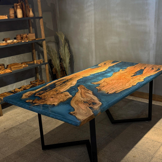 Handcrafted Olive Wood &  Epoxy Dining Table – Custom Made, 200x100 cm Statement Piece