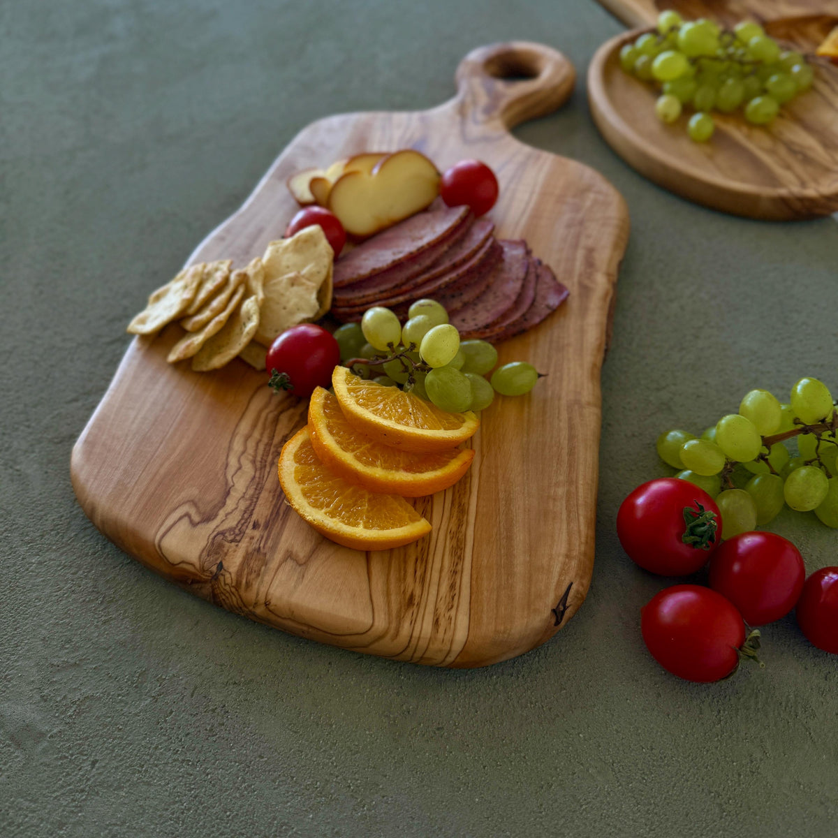 Live Edge Olive Wood Serving Board with Handle | Natural Wooden Charcuterie Board
