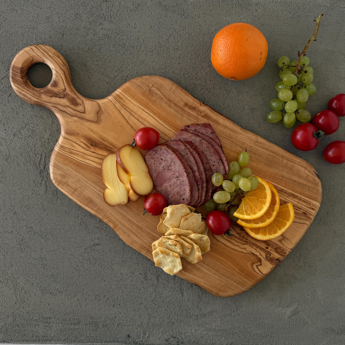 Live Edge Olive Wood Serving Board with Handle | Natural Wooden Charcuterie Board