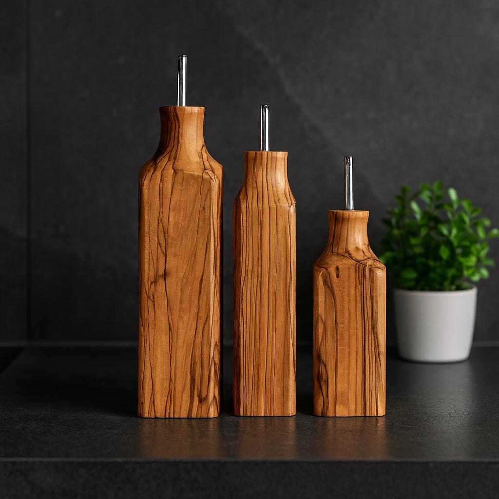 Olive Wood Oil Bottle with Glass Liner – Rustic Kitchen Cruet