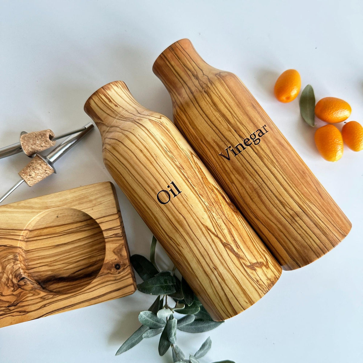 Personalized Olive Wood Oil & Vinegar Dispenser Set – Engraved Rustic Cruet