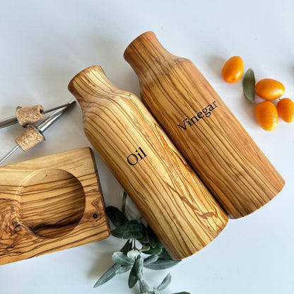Personalized Olive Wood Oil & Vinegar Dispenser Set – Engraved Rustic Cruet