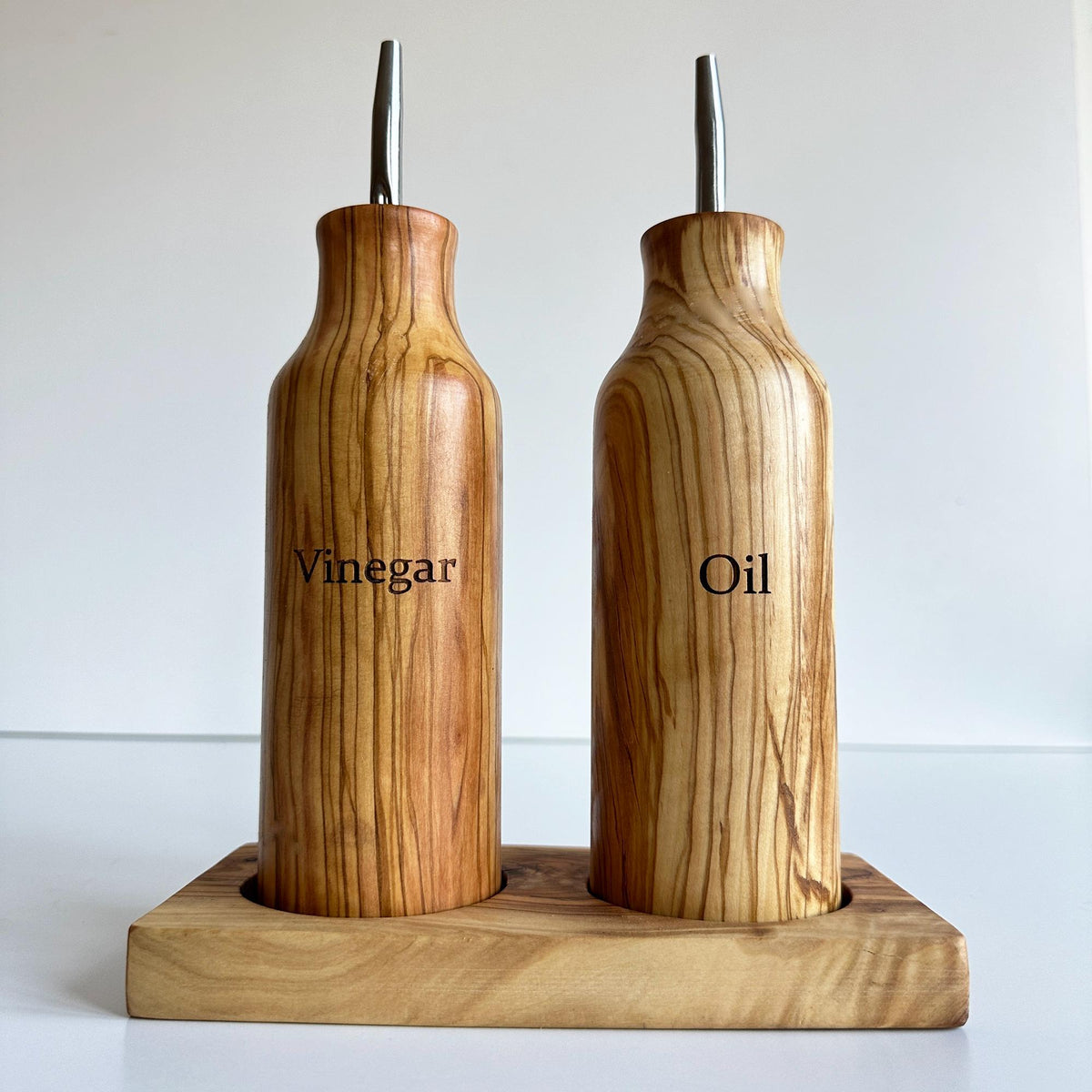 Personalized Olive Wood Oil & Vinegar Dispenser Set – Engraved Rustic Cruet