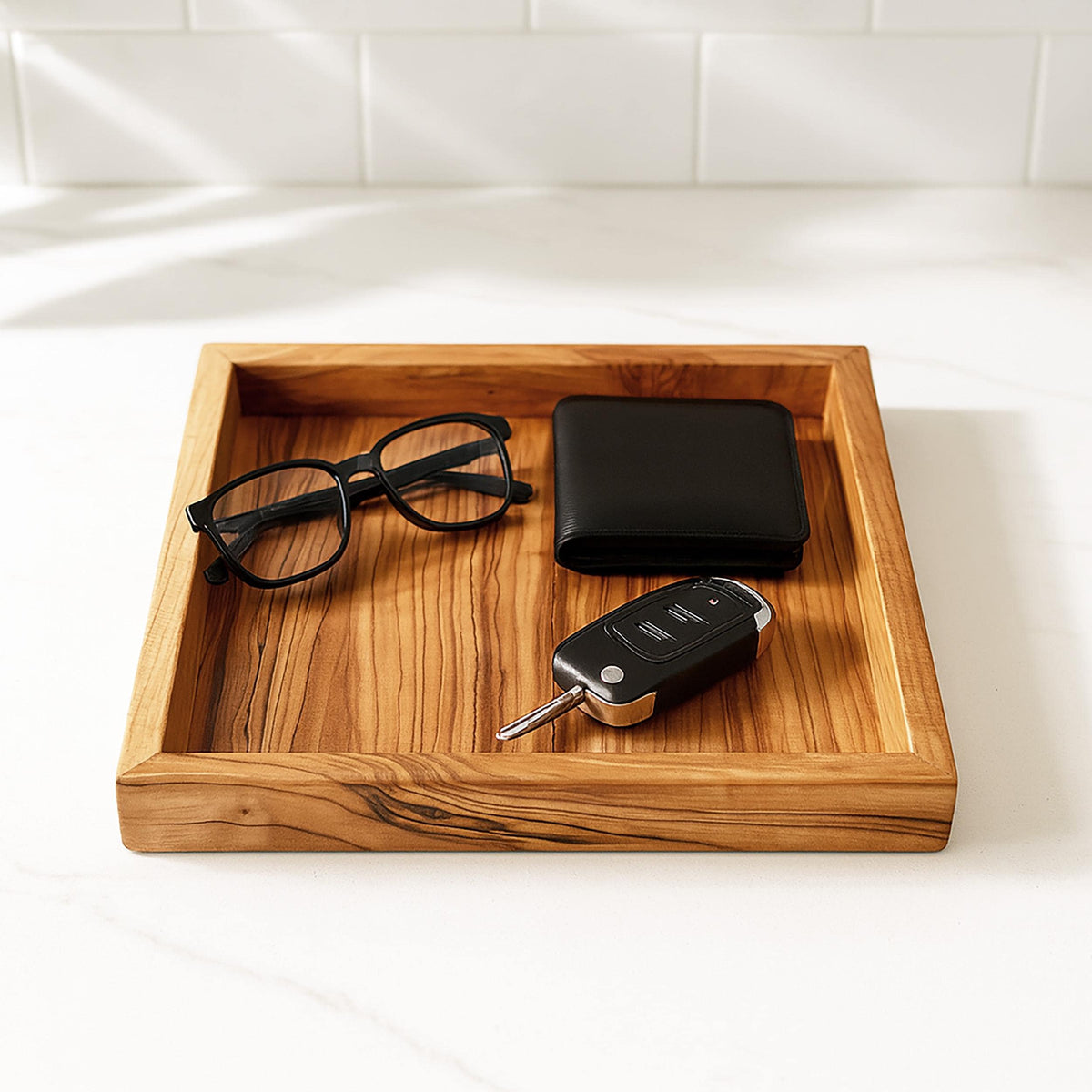 Olive Wood Square Serving Tray 30×30×4 cm |  Handmade Rustic Kitchen Tray  | Sustainable Gift