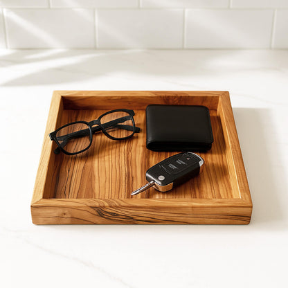 Olive Wood Square Serving Tray 30×30×4 cm |  Handmade Rustic Kitchen Tray  | Sustainable Gift