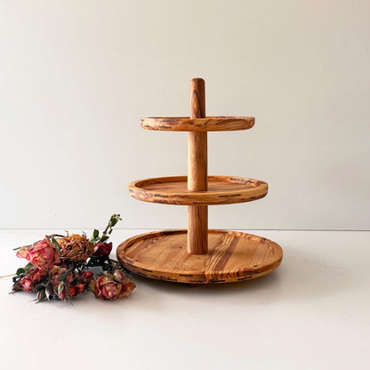 Handmade Olive Wood 3 Tier Serving Stand, Rustic Dessert Tower