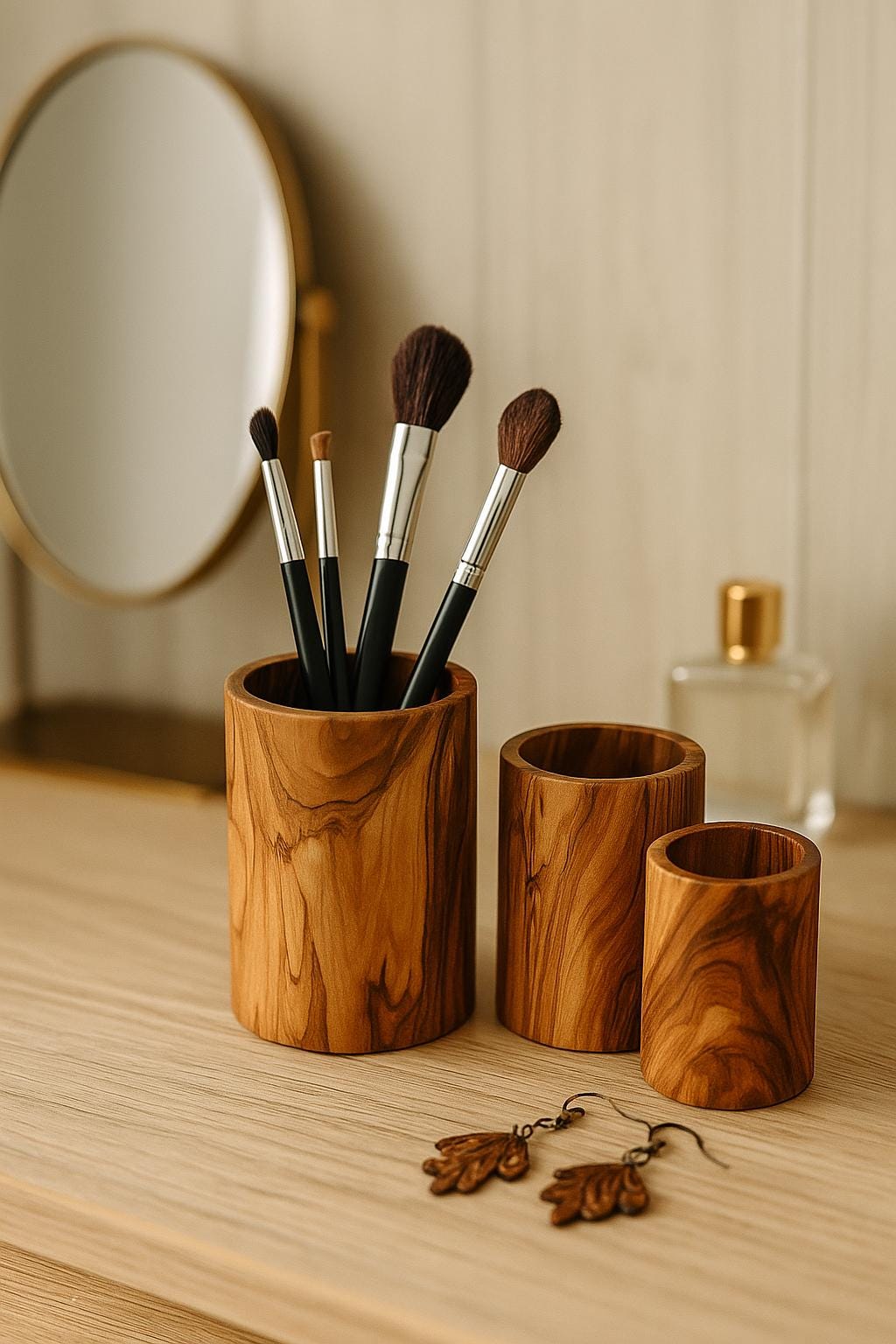 Natural Olive Wood Organizer Set – Desk, Bathroom & Makeup Storage