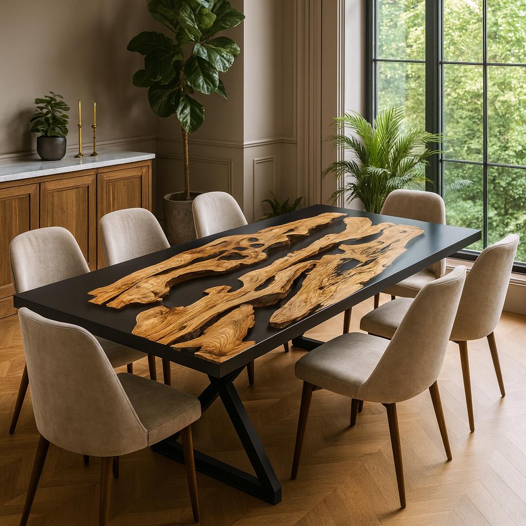 Handcrafted Olive Wood &  Epoxy Dining Table – Custom Made, 200x100 cm Statement Piece