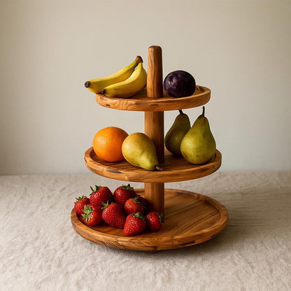 Handmade Olive Wood 3 Tier Serving Stand, Rustic Dessert Tower