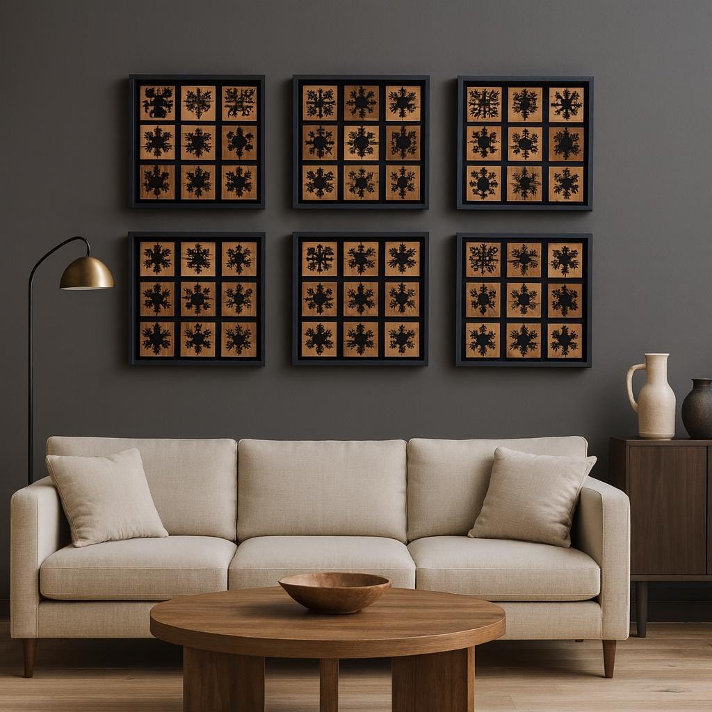 Snowflake Olive Wood Wall Art – 40x40cm Metal Frame Panel – Christmas Decorations