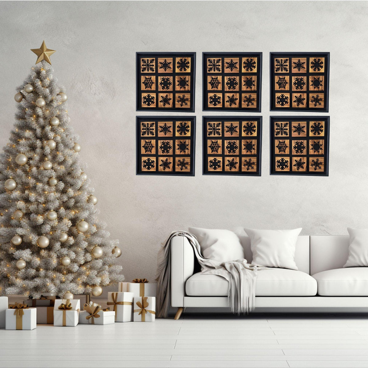 Snowflake Olive Wood Wall Art – 40x40cm Metal Frame Panel – Christmas Decorations