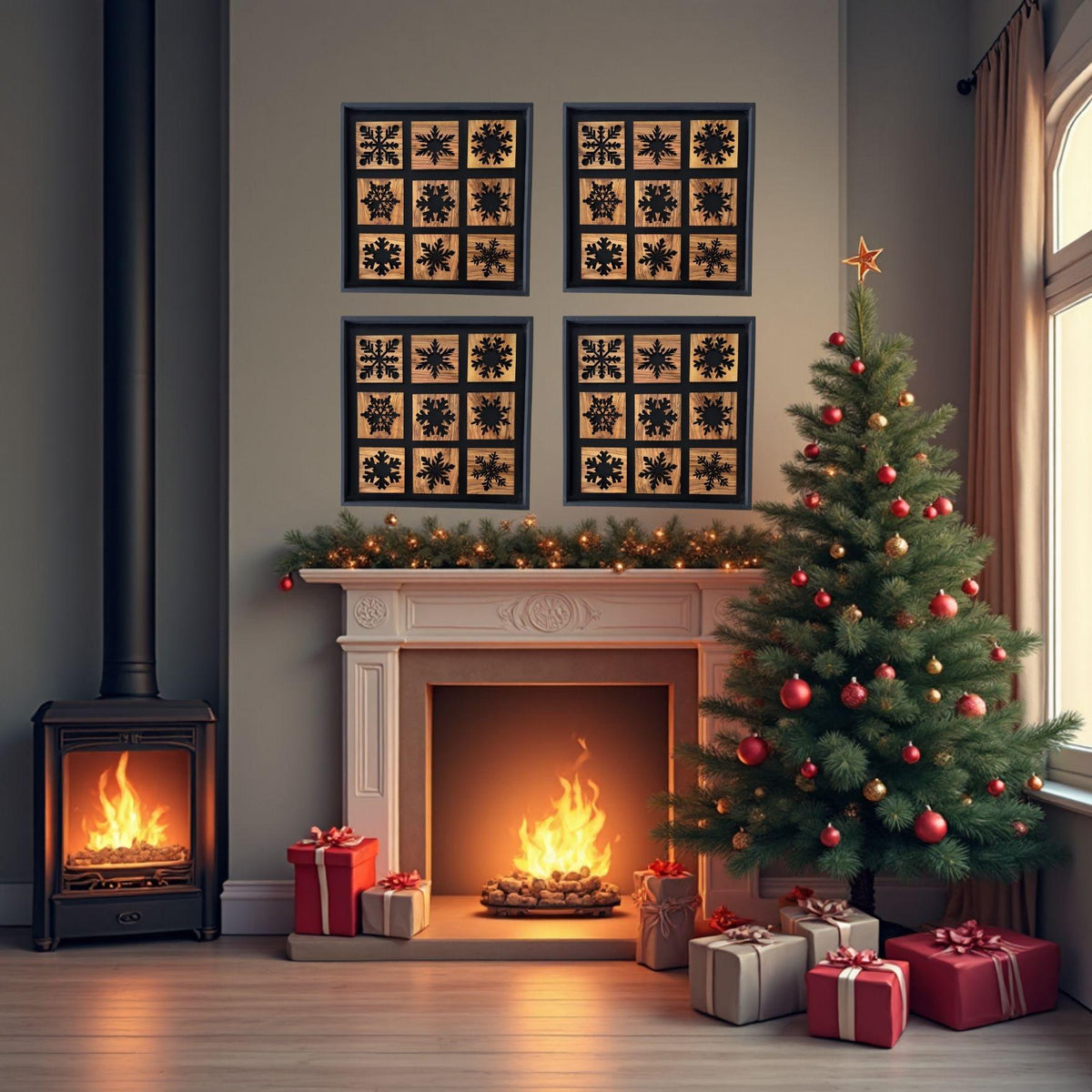 Snowflake Olive Wood Wall Art – 40x40cm Metal Frame Panel – Christmas Decorations