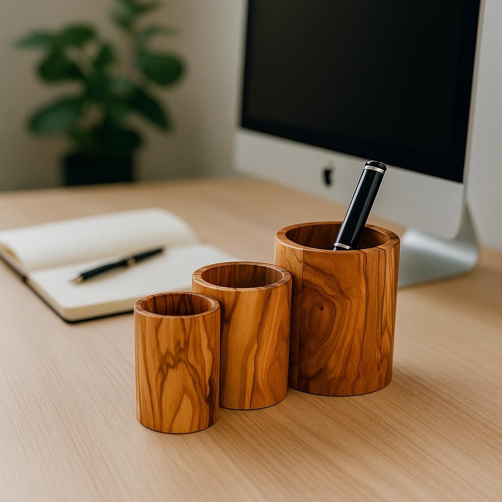 Natural Olive Wood Organizer Set – Desk, Bathroom & Makeup Storage